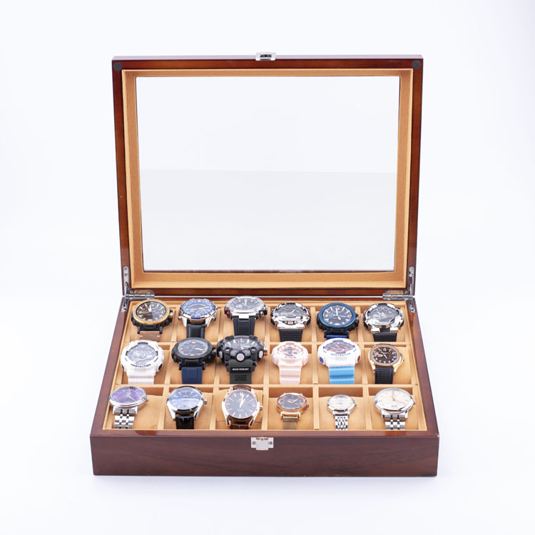 WoodBox 工場高品質 18 スロット時計ストレージオーガナイザー透明な蓋付き