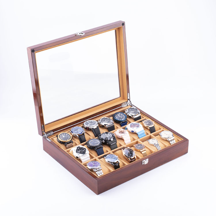 WoodBox 工場高品質 18 スロット時計ストレージオーガナイザー透明な蓋付き