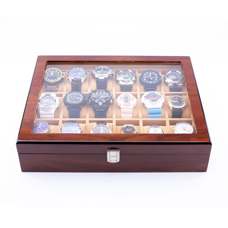 WoodBox 工場高品質 18 スロット時計ストレージオーガナイザー透明な蓋付き