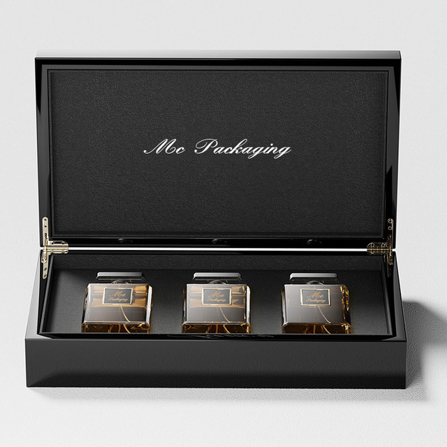 高級光沢のあるペイントワニスデザインの香水箱のような木箱は、カスタムロゴを受け入れるボックス包装付きの高級香水ボトルを受け入れます