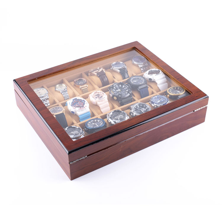 WoodBox 工場高品質 18 スロット時計ストレージオーガナイザー透明な蓋付き
